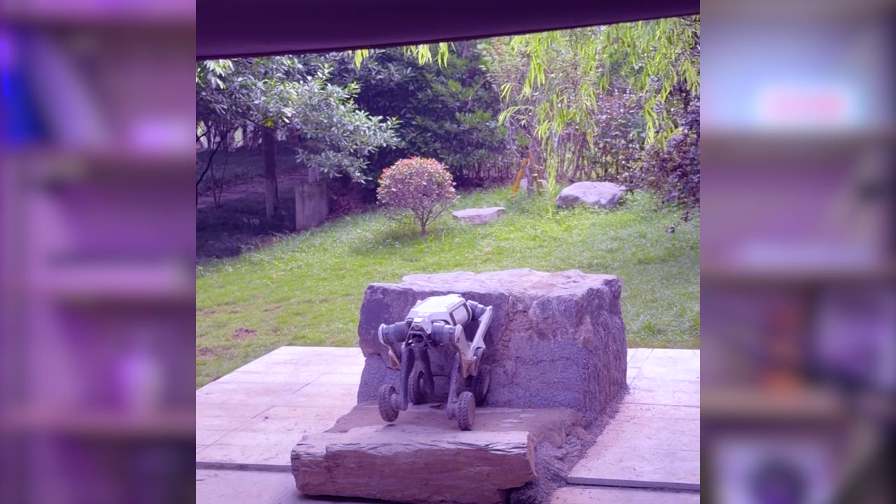 Robot dog climbing over a rock in a garden in China