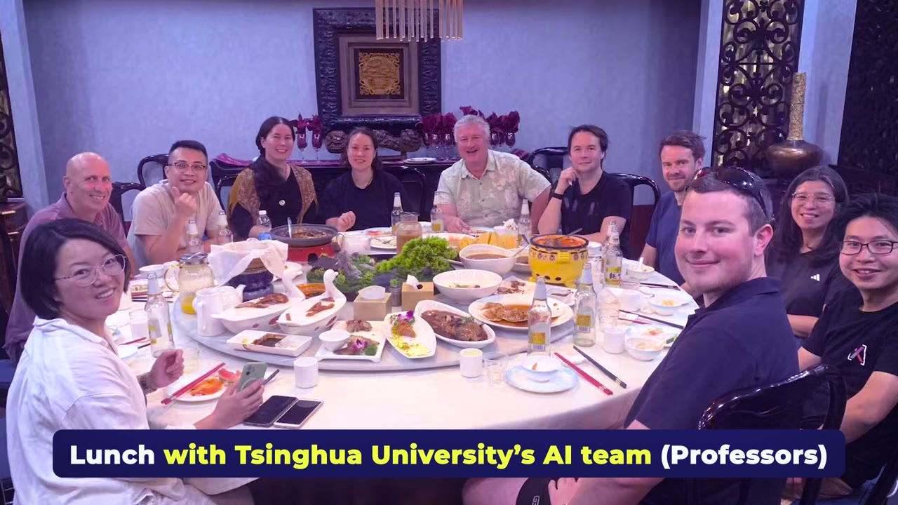 The New Zealand delegation having lunch with professors from Tsinghua University's AI team