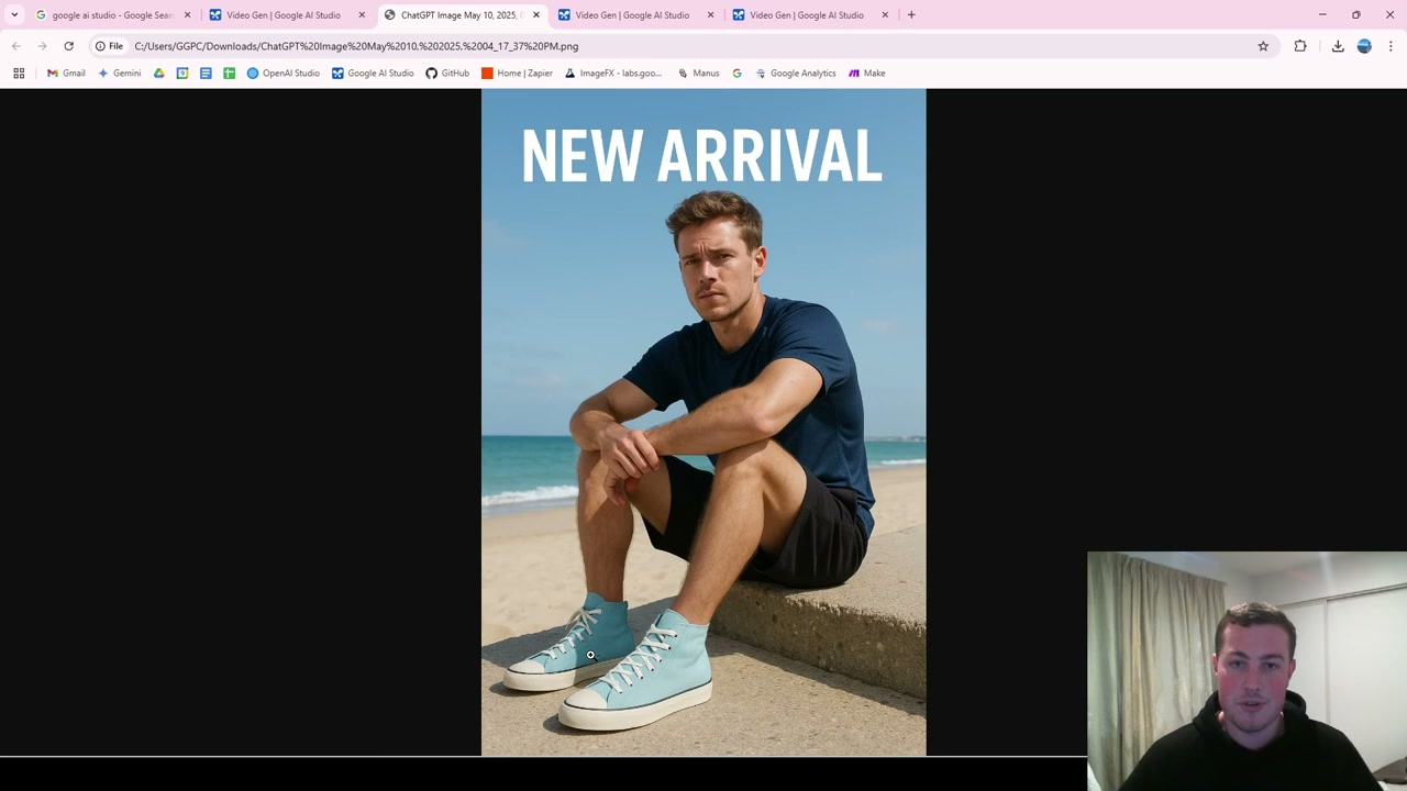 Product photography showing model wearing blue shoe on beach