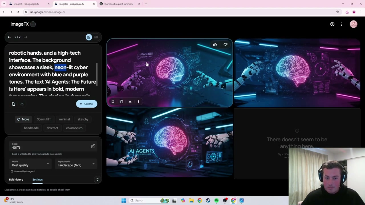 ImageFX results showing multiple AI-generated thumbnails with neon design