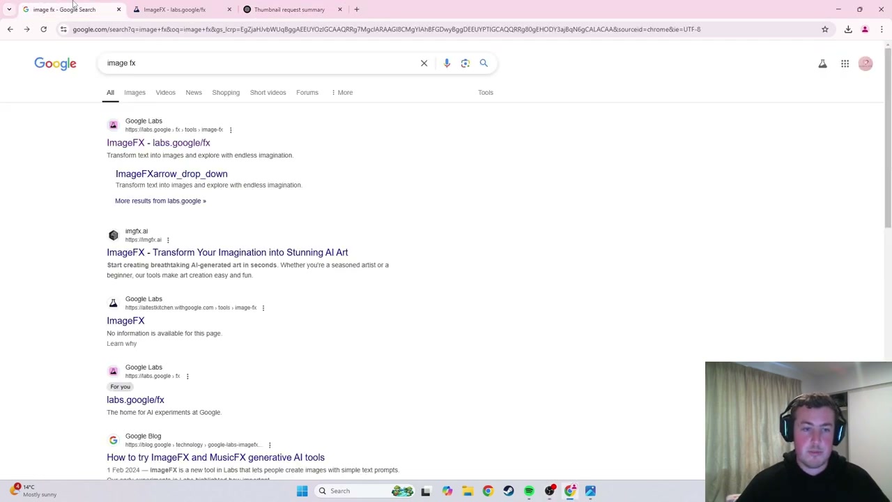 Google search results page showing ImageFX links