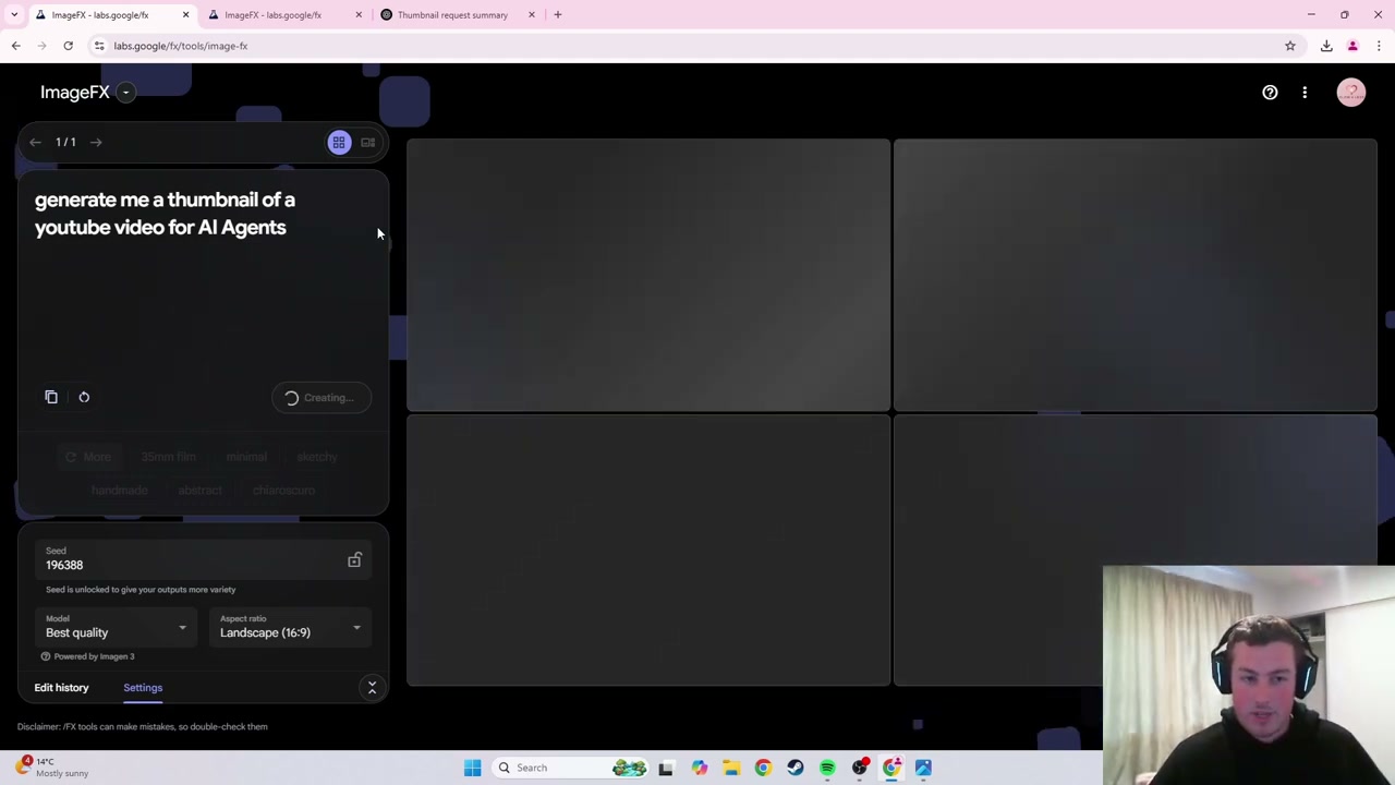 ImageFX interface showing prompt field and generating loading state