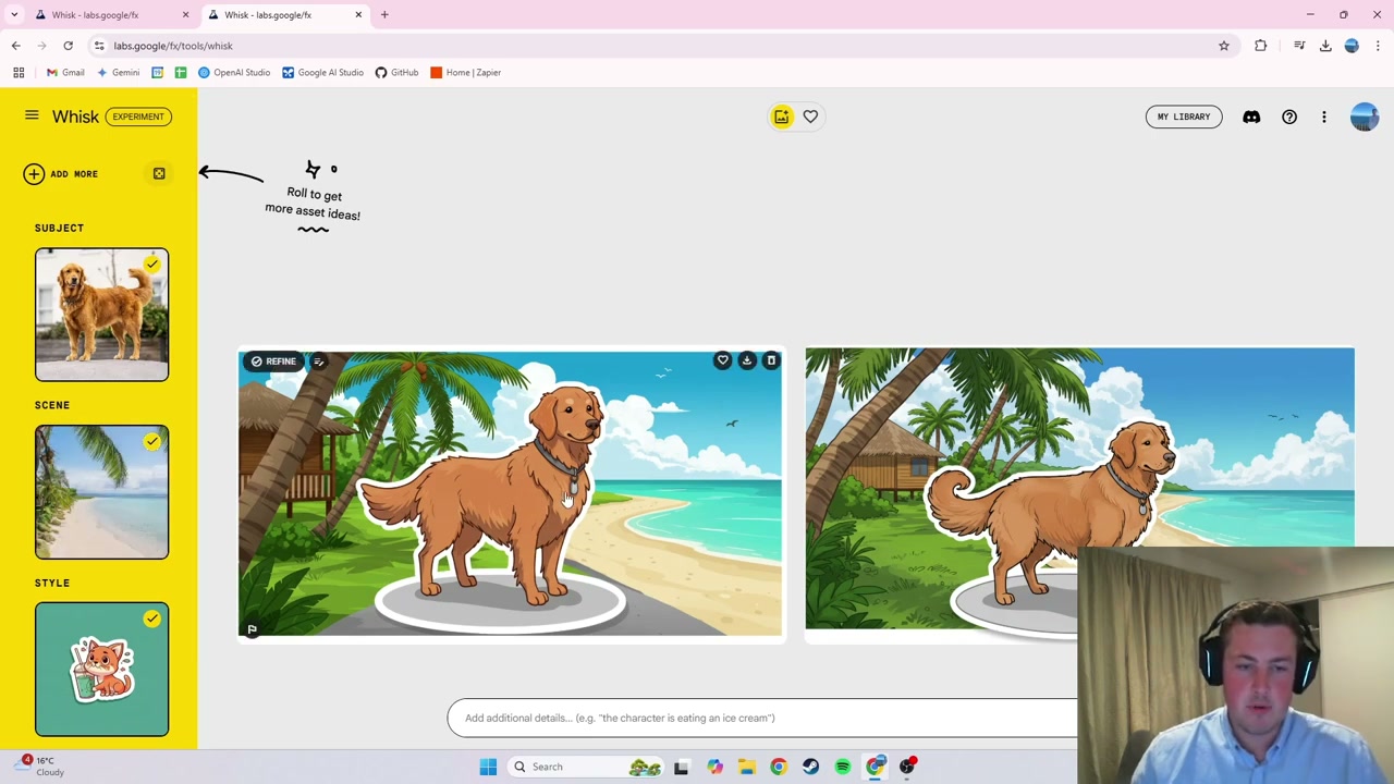 Whisk showing dog photo in subject panel and multiple generated dog sticker variations