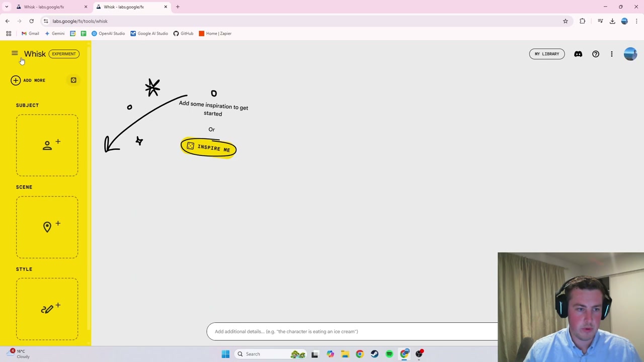 Google Whisk interface showing subject, scene, and style selector with inspiration button