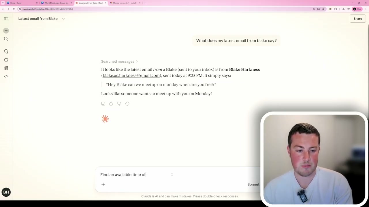 Claude interface showing email integration example with a query about the latest email from Blake