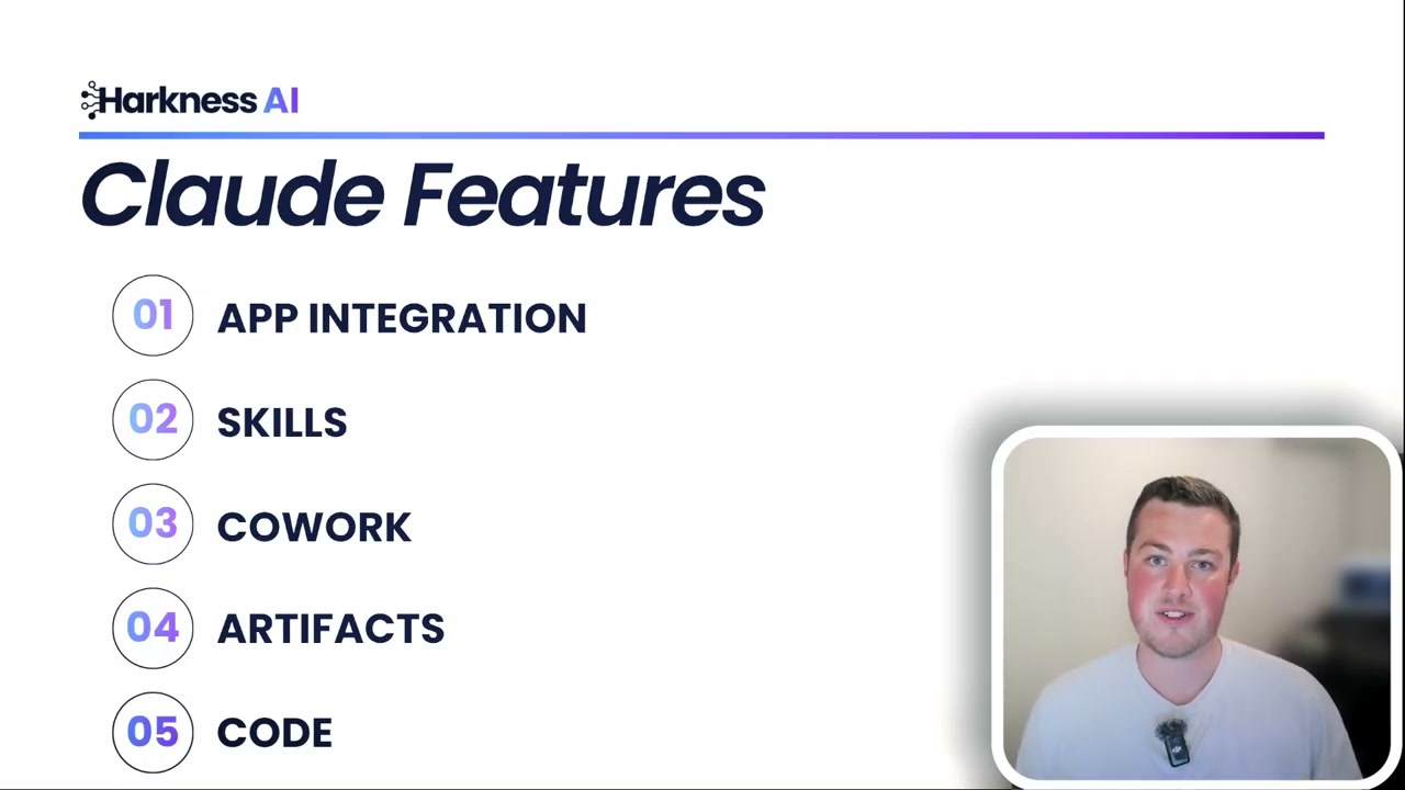Harkness AI slide showing updated Claude Features with Artifacts and Code highlighted as features 4 and 5