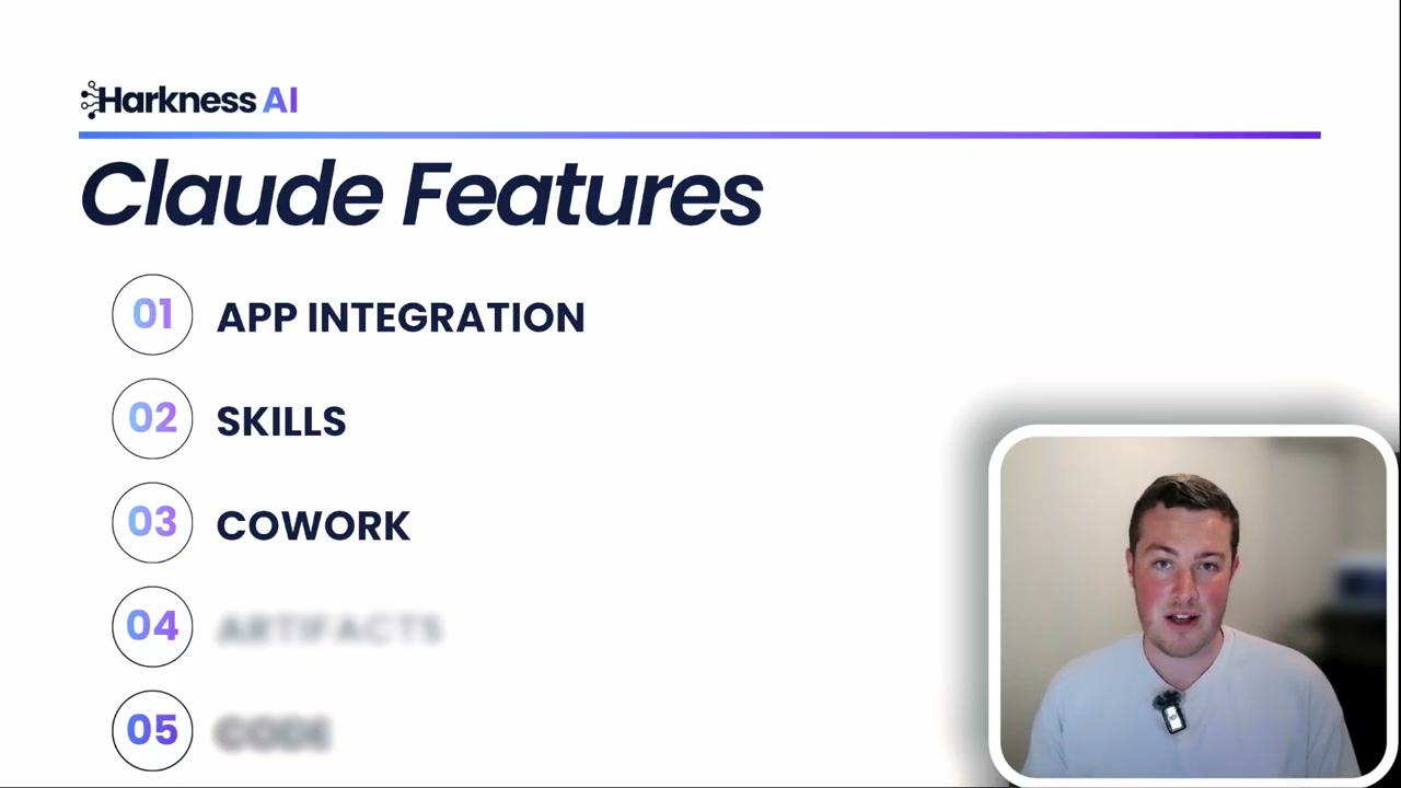 Harkness AI slide showing Claude Features overview with 5 key capabilities: App Integration, Skills, Cowork, Artifacts, and Code
