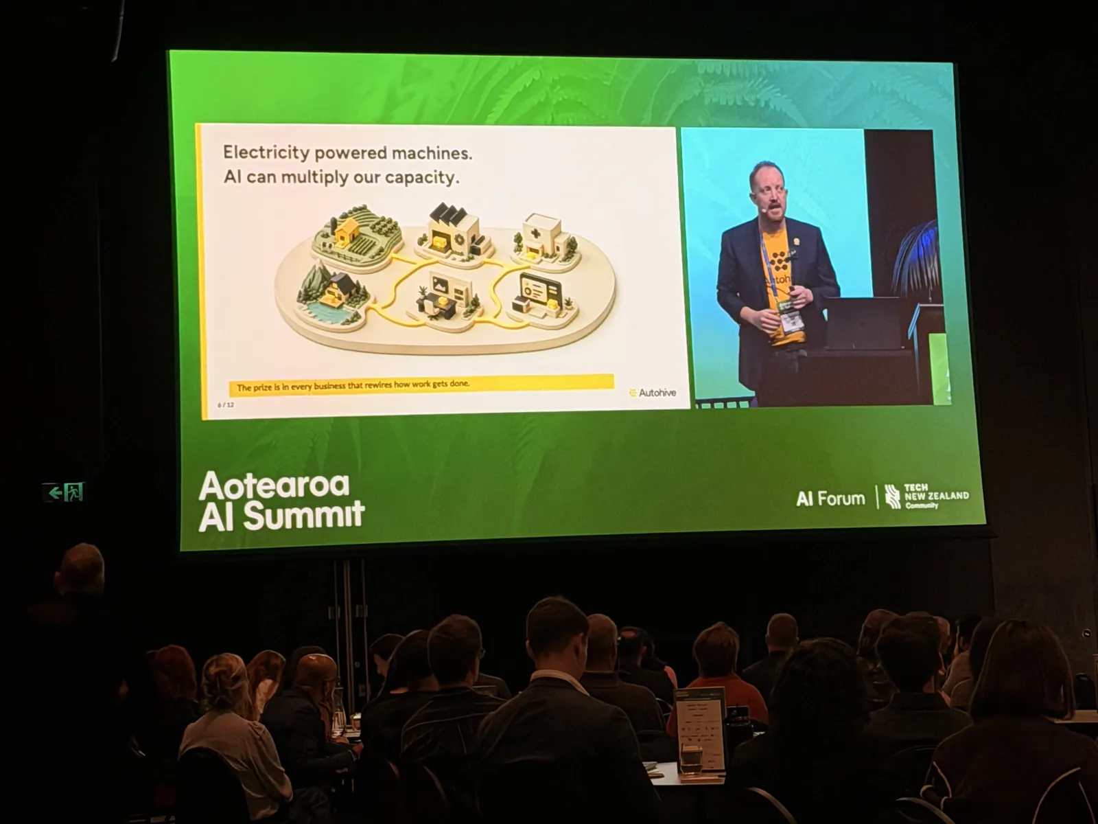 Summit delegates at round tables watching an Autohive keynote slide that reads Electricity powered machines, AI can multiply our capacity
