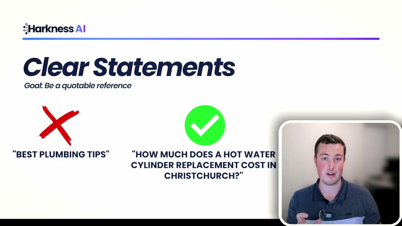 Slide highlighting clear statements for GEO content, showing bad example versus good example