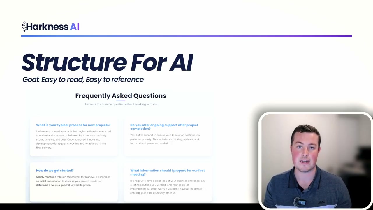 FAQ structure slide showing frequently asked questions grouped by category