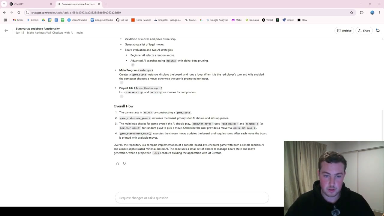 Codex task showing game checkers functionality summary