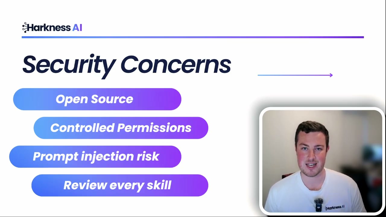 Security concerns highlighted including open source risks, permission controls, prompt injection, and skill reviews