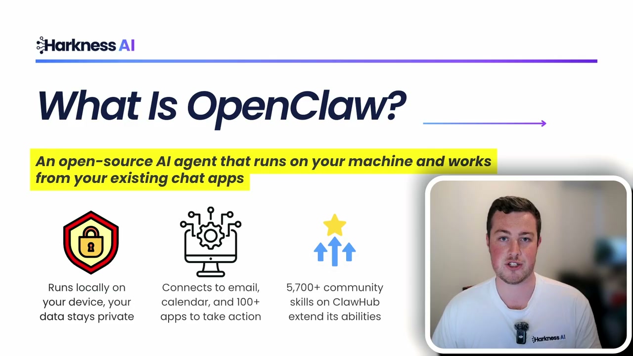 OpenClaw overview slide showing key features: local execution, integration capabilities, and community support