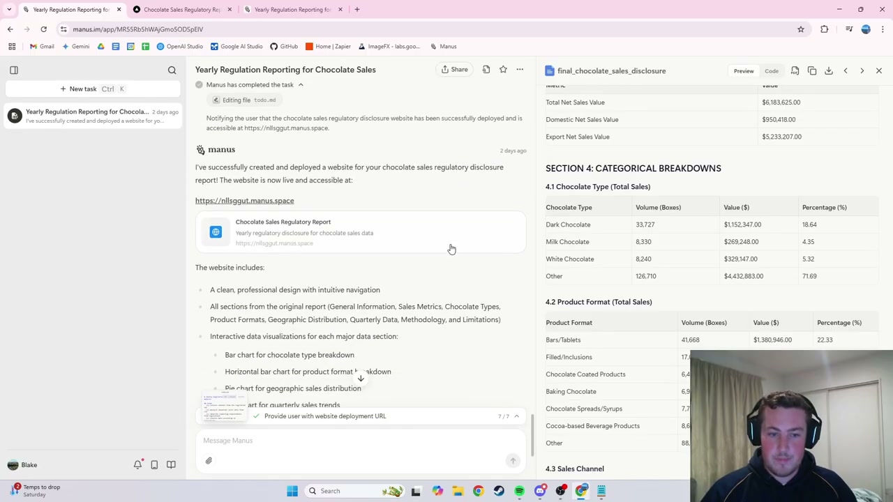 Manus web interface showing regulation document upload and analysis with file input options