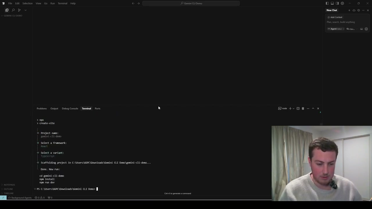 VS Code terminal showing Gemini CLI installation and project setup