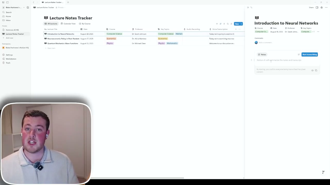 Notion database showing a Lecture Notes Tracker with multiple courses and study materials organised