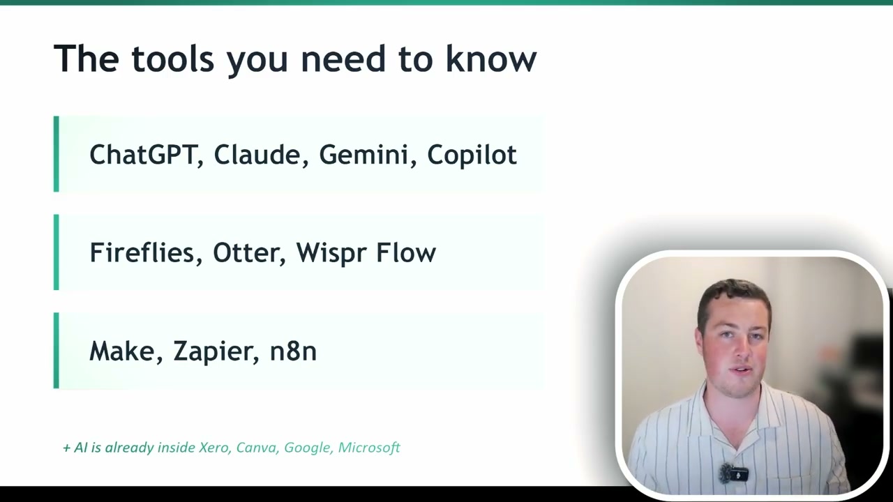 Slide listing three AI categories with specific tools for each