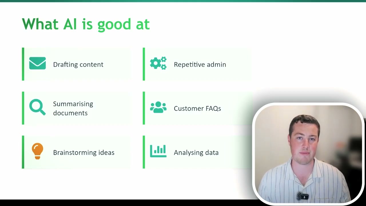 Slide showing six capabilities where AI is good with icons
