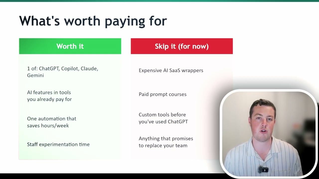 Two-column comparison slide of what to pay for vs skip