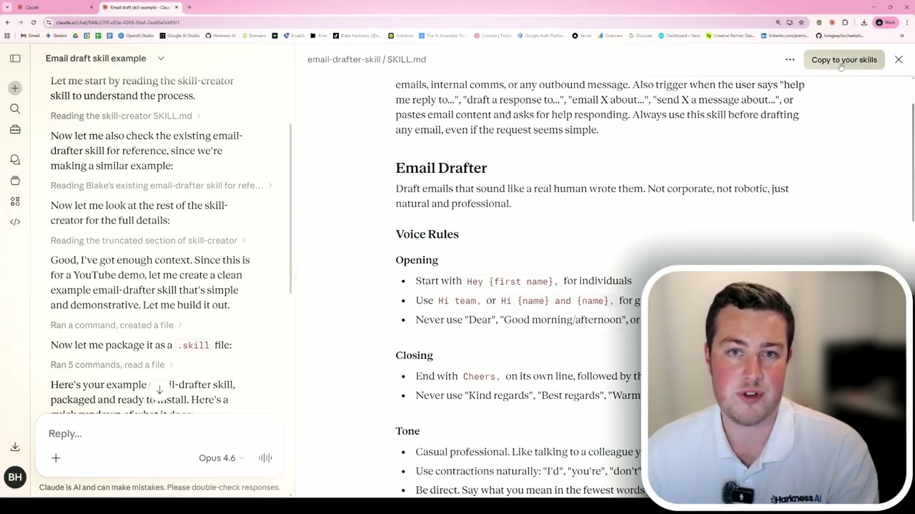 Email automation workflow showing draft creation and voice rules