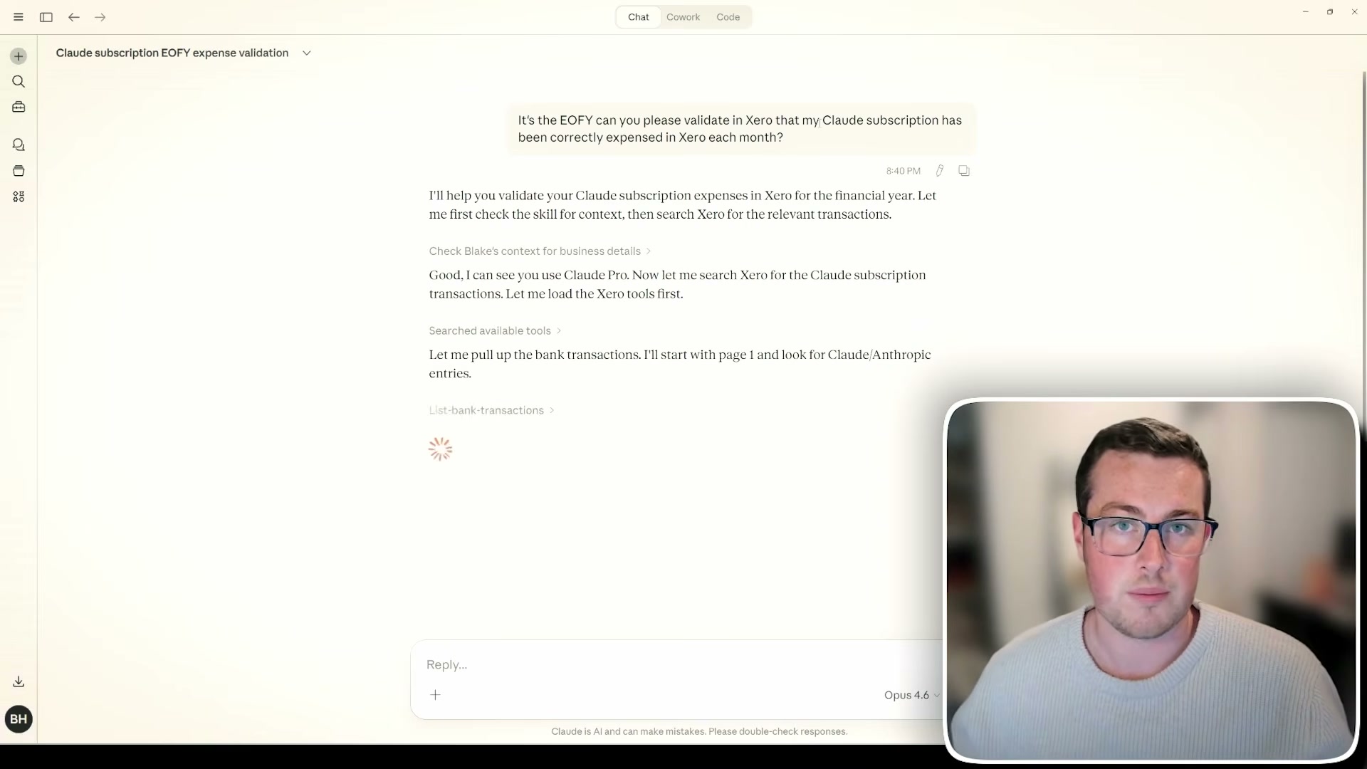 Claude AI validating subscription expenses against Xero transaction records