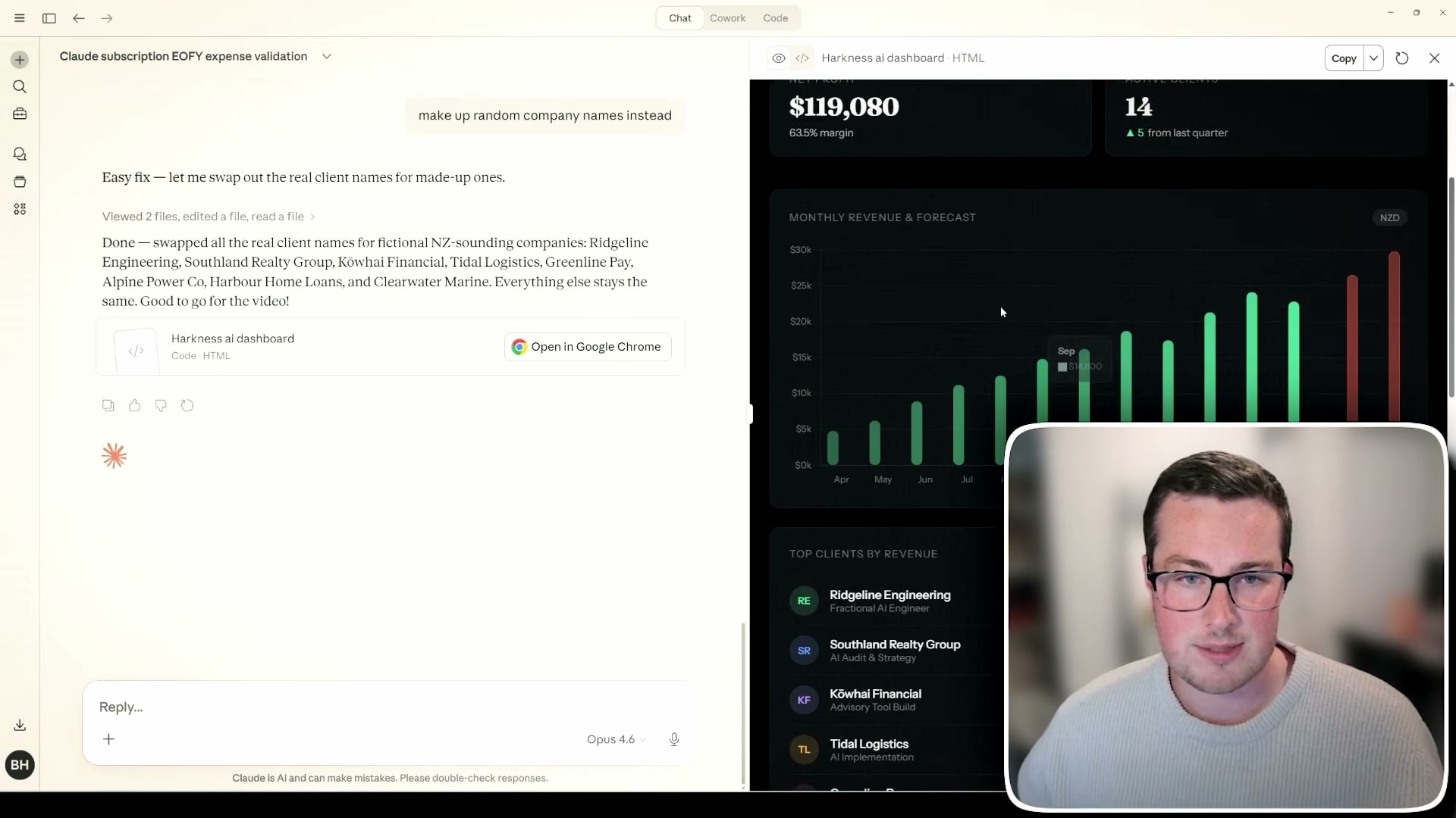 Claude AI generating a live financial dashboard from Xero data
