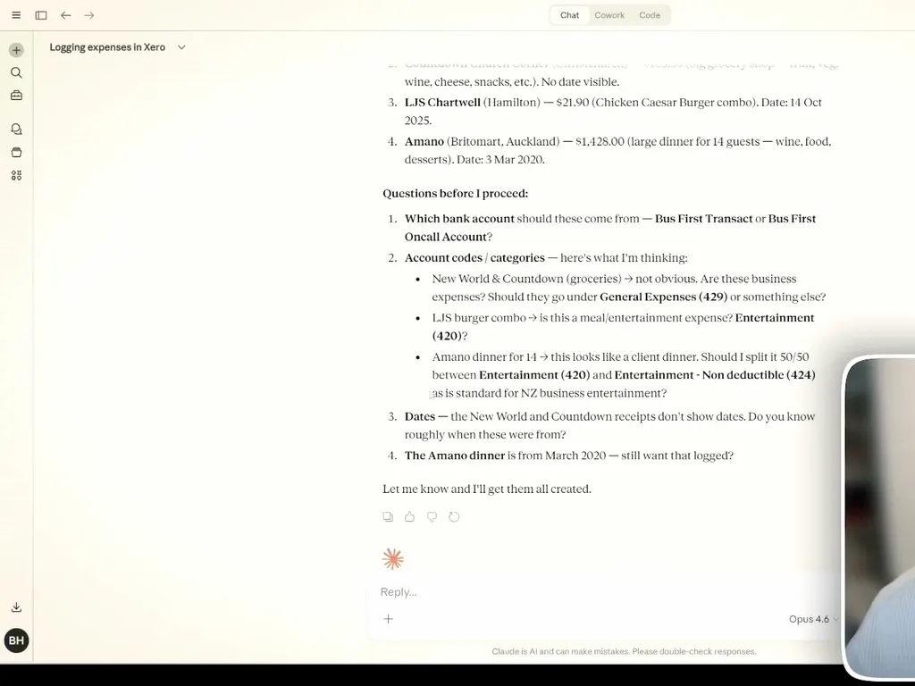 Claude asking which Xero account codes and bank account to use before logging receipts, including the NZ entertainment 50/50 split