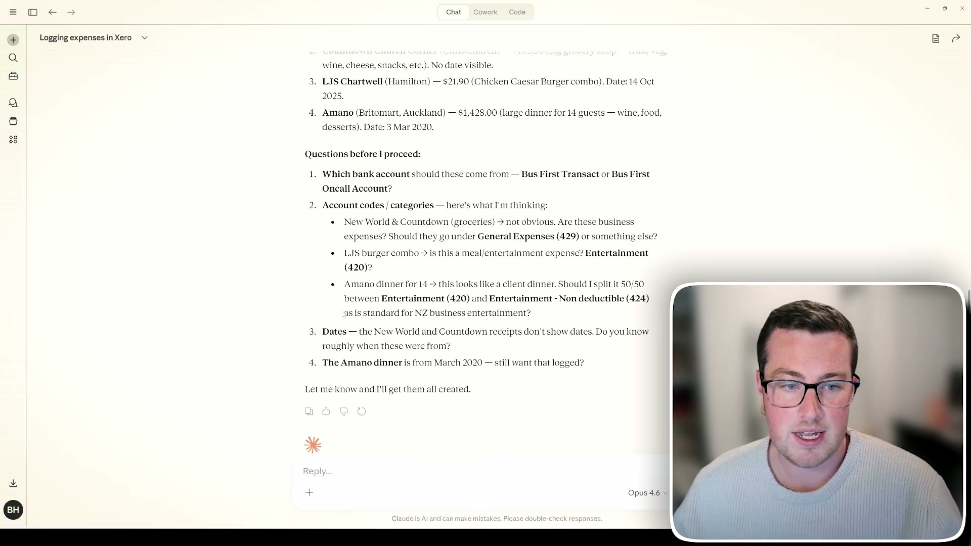 Claude AI automatically categorising and logging receipts into Xero
