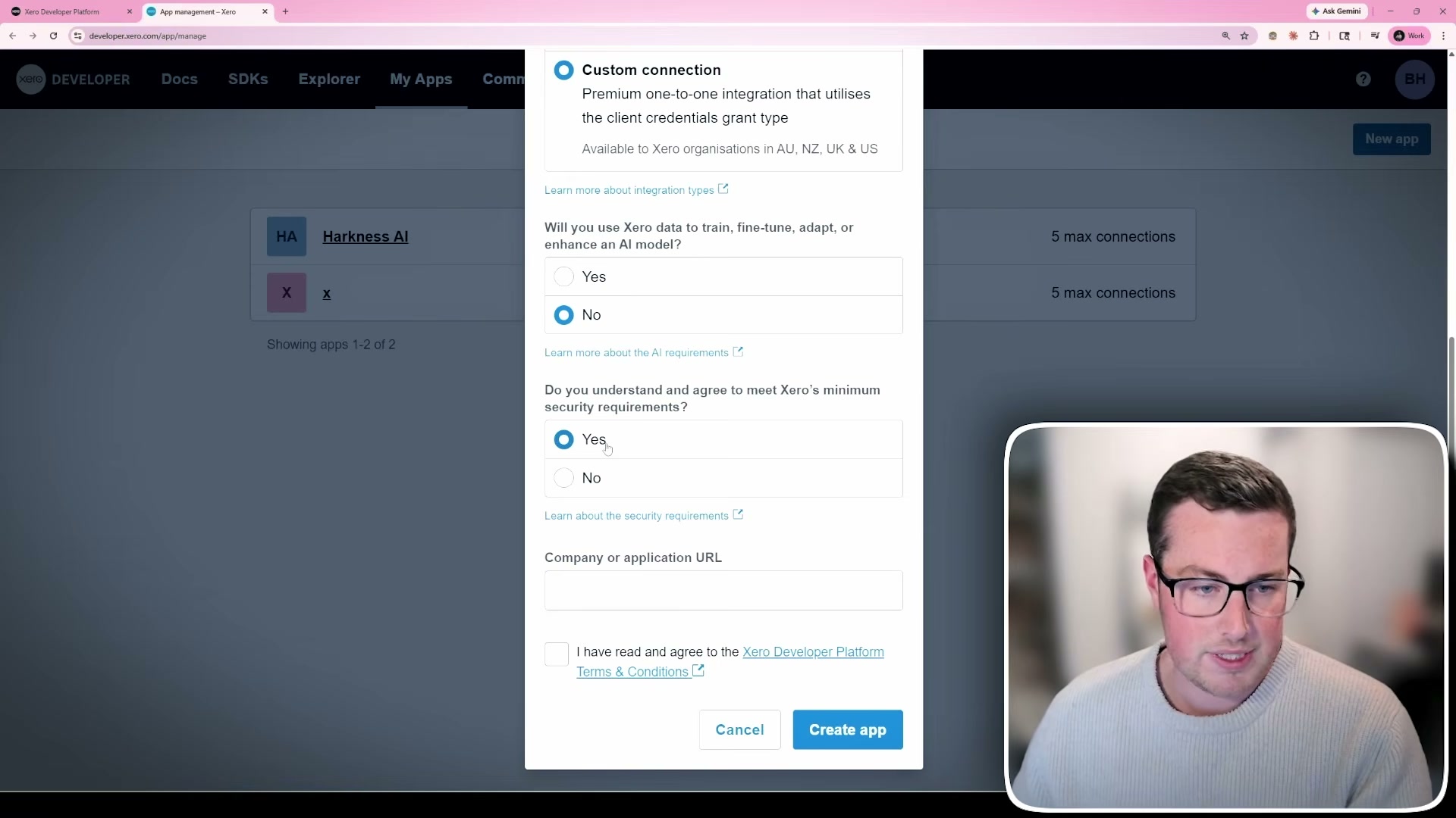 Creating a custom connection app in the Xero Developer Portal