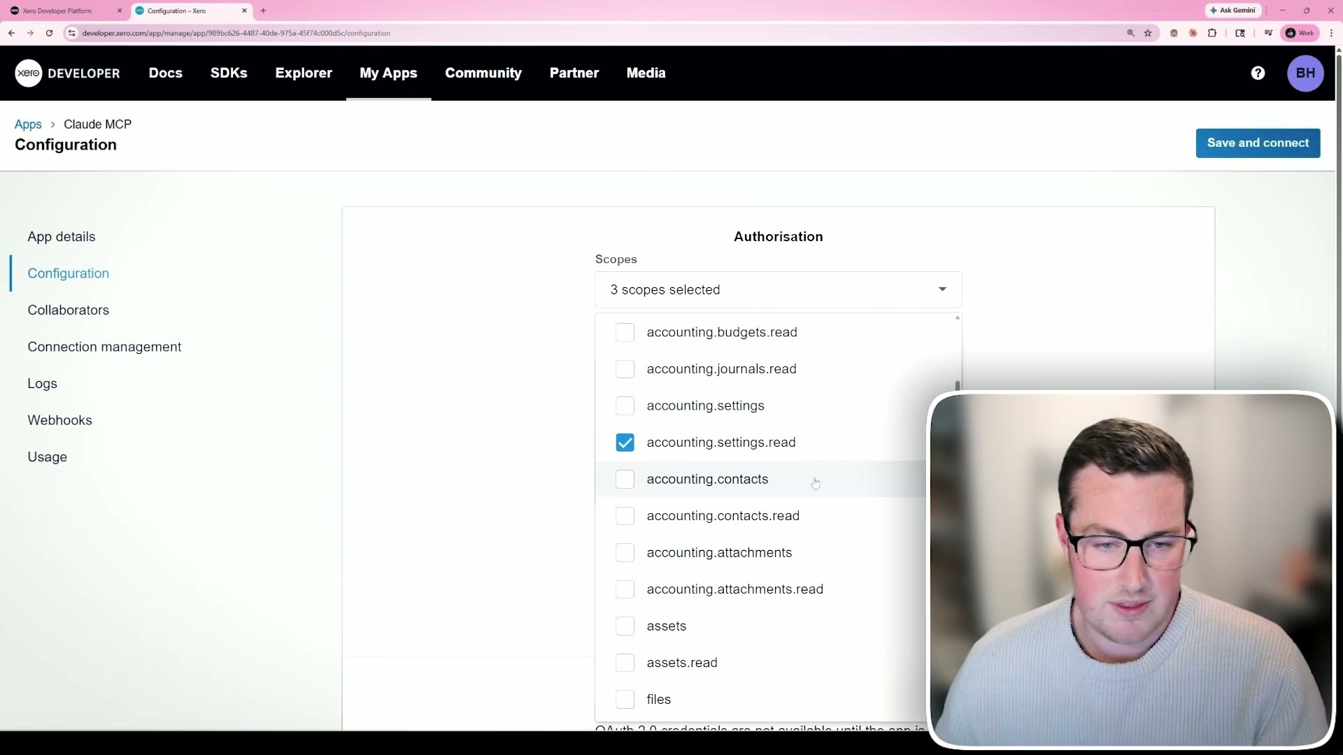 Configuring API scopes and authorisation in the Xero Developer Portal