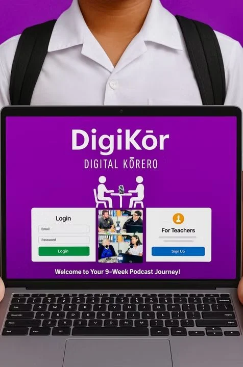 The DigiKōr student portal on a laptop, welcoming students to their nine-week podcast journey