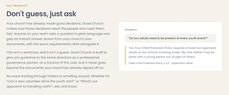 The Good Church website showing an example question about youth events answered from a church's Child Protection Policy, with the clause cited