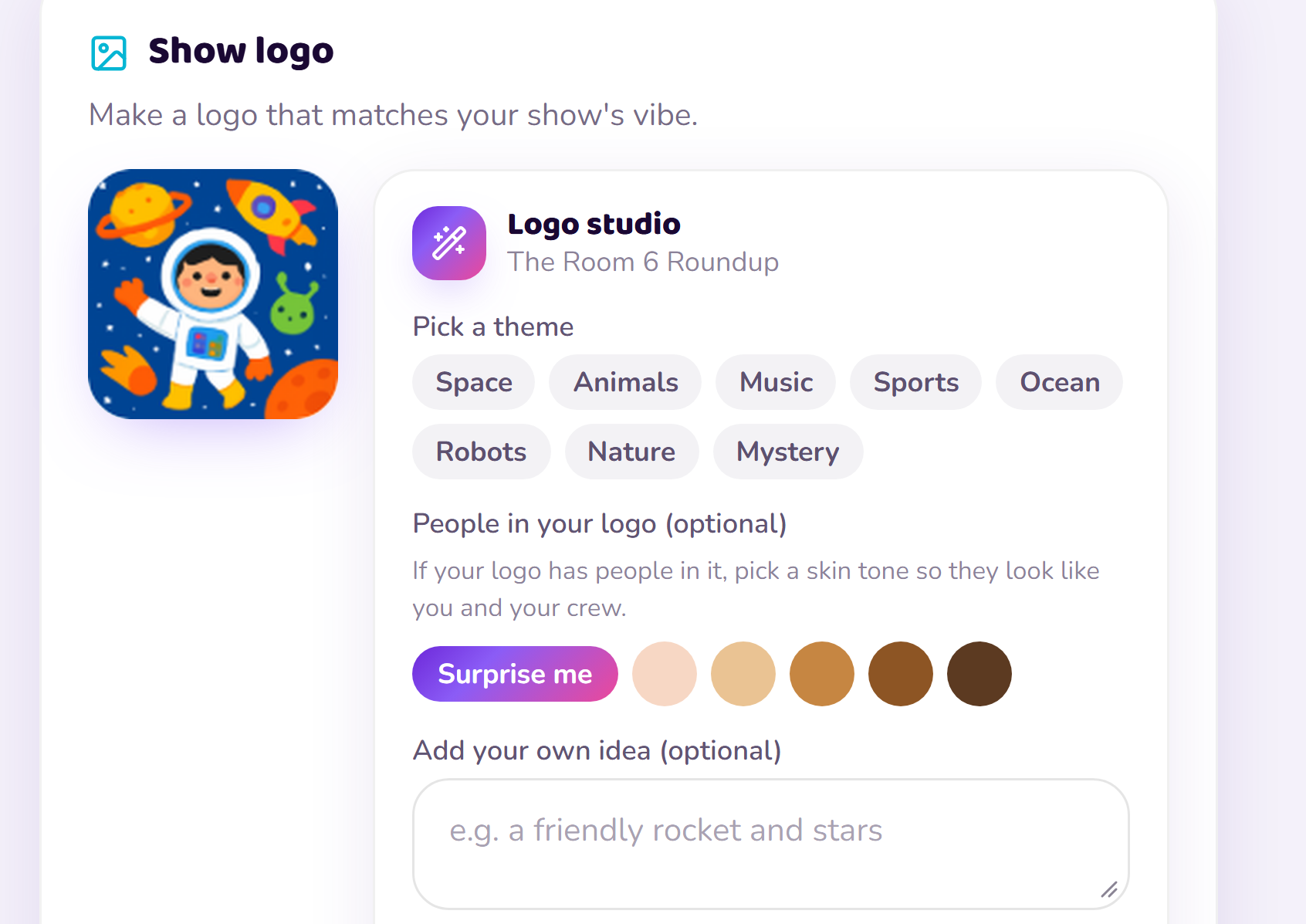 The DigiKōr+ logo studio with theme choices, skin tone options and a cartoon astronaut cover for a demo class podcast