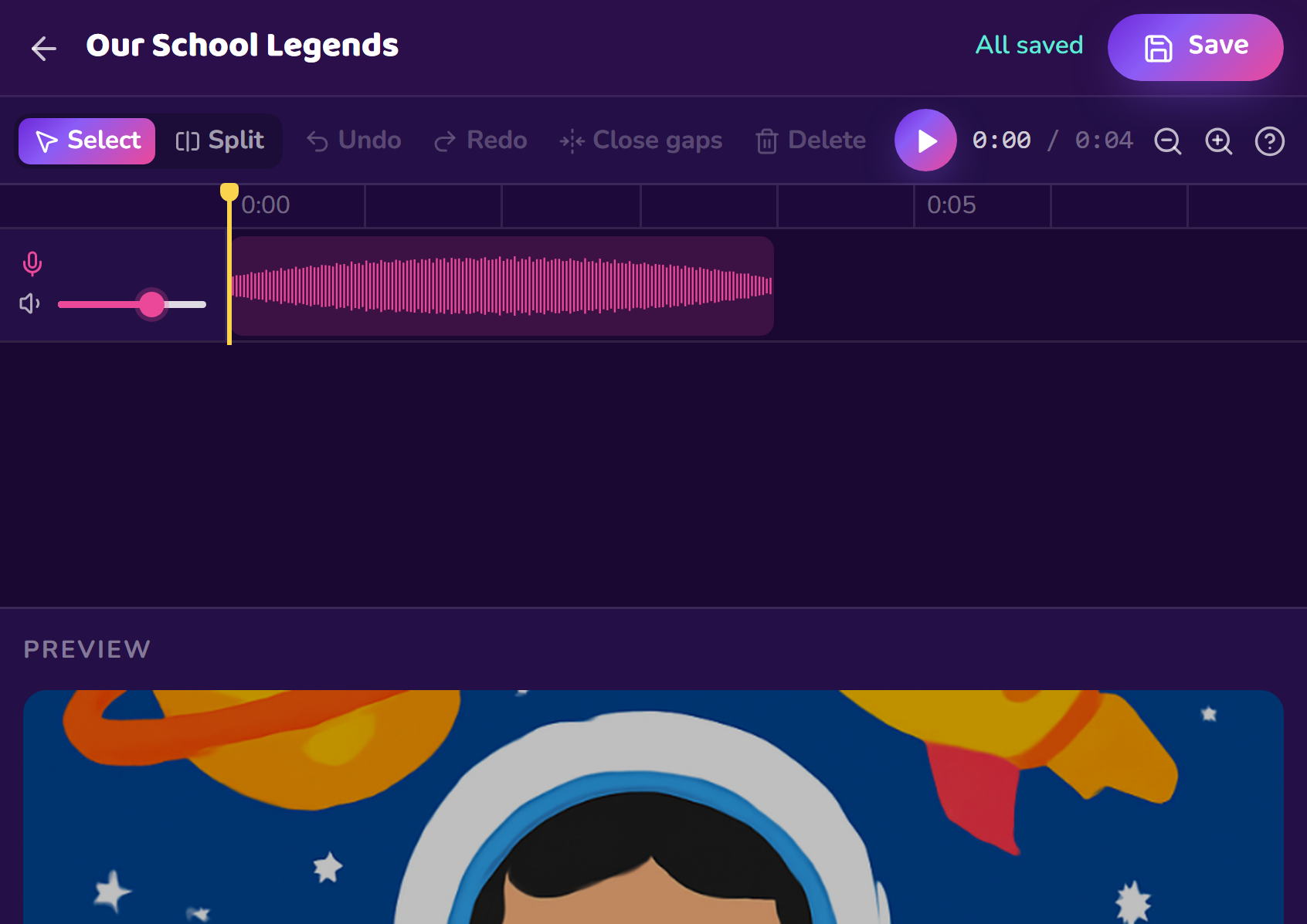 The DigiKōr+ multitrack editor with a recorded clip on the timeline and the episode cover preview, from a demo class