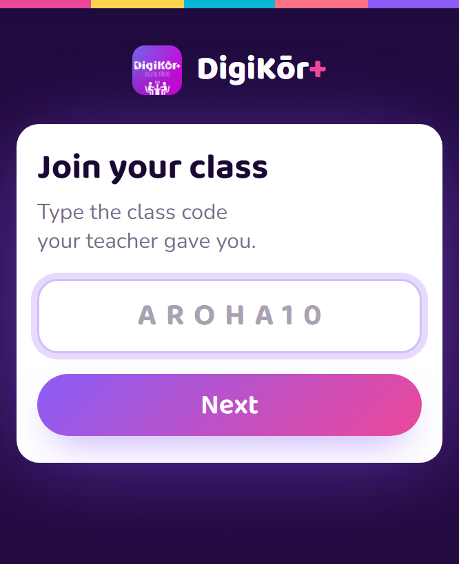 The DigiKōr+ join screen on a phone, where students type the class code their teacher gave them