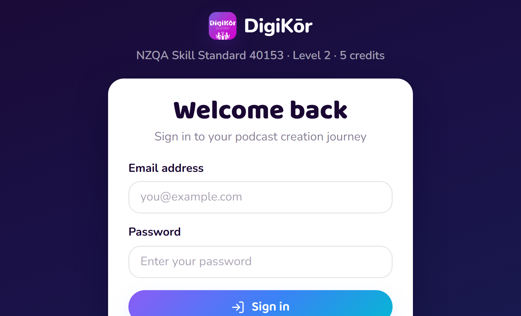 The DigiKōr sign-in page, labelled NZQA Skill Standard 40153, Level 2, 5 credits