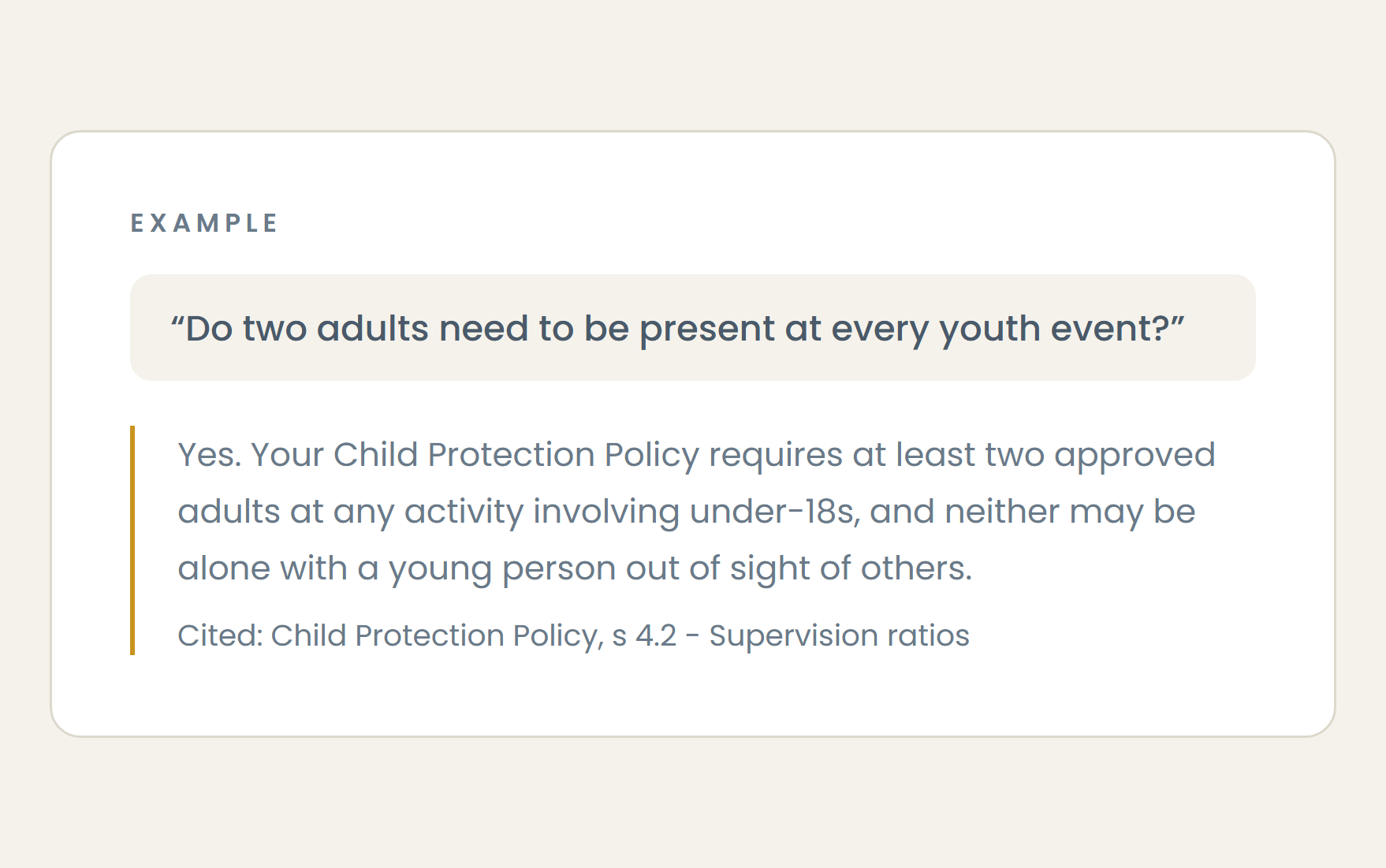 Good Church answering whether two adults must be present at every youth event, citing section 4.2 of a Child Protection Policy
