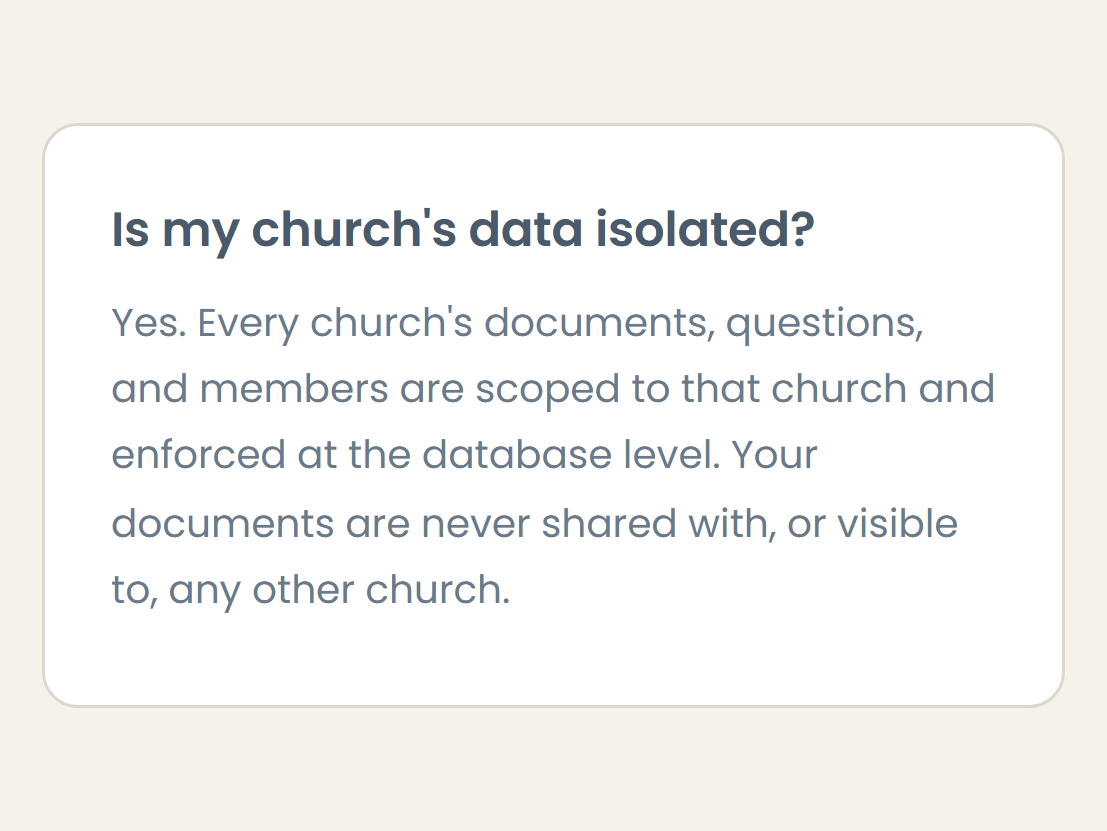 Good Church FAQ: "Is my church's data isolated?" - every church's documents, questions and members are scoped to that church at the database level