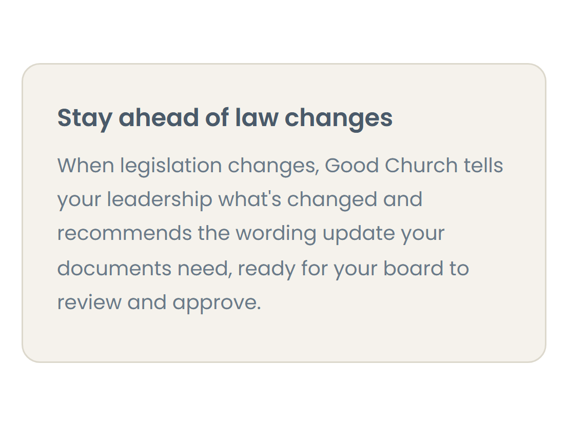 Good Church feature card: "Stay ahead of law changes", with recommended wording ready for the board to review and approve