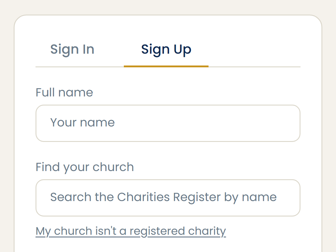 Good Church sign-up form with a "Find your church" field that searches the Charities Register by name