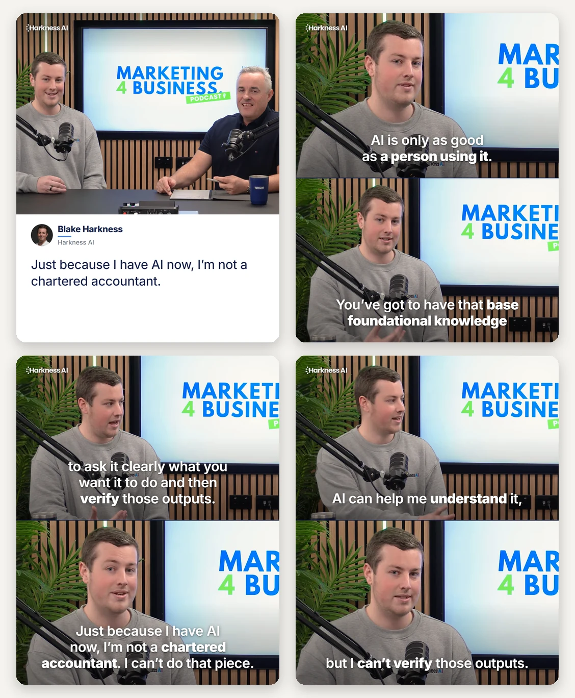 Four carousel slides from the Marketing 4 Business podcast showing Blake Harkness with bold quote captions