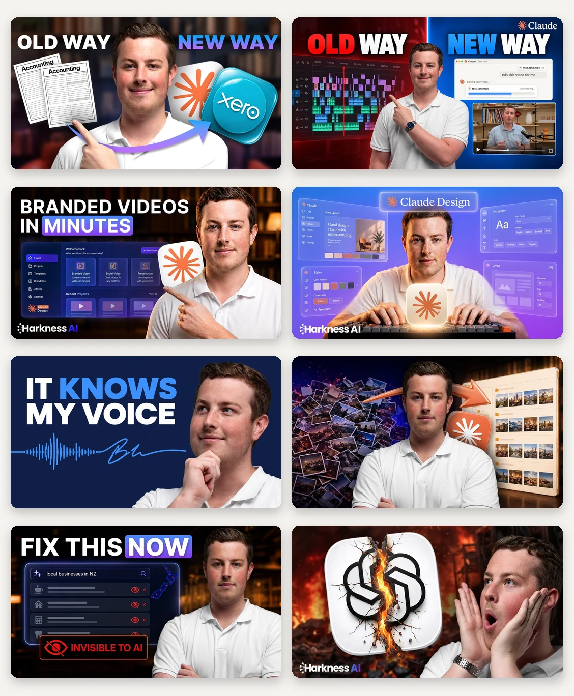 Eight YouTube thumbnails for Harkness AI videos, each with Blake Harkness and a bold headline