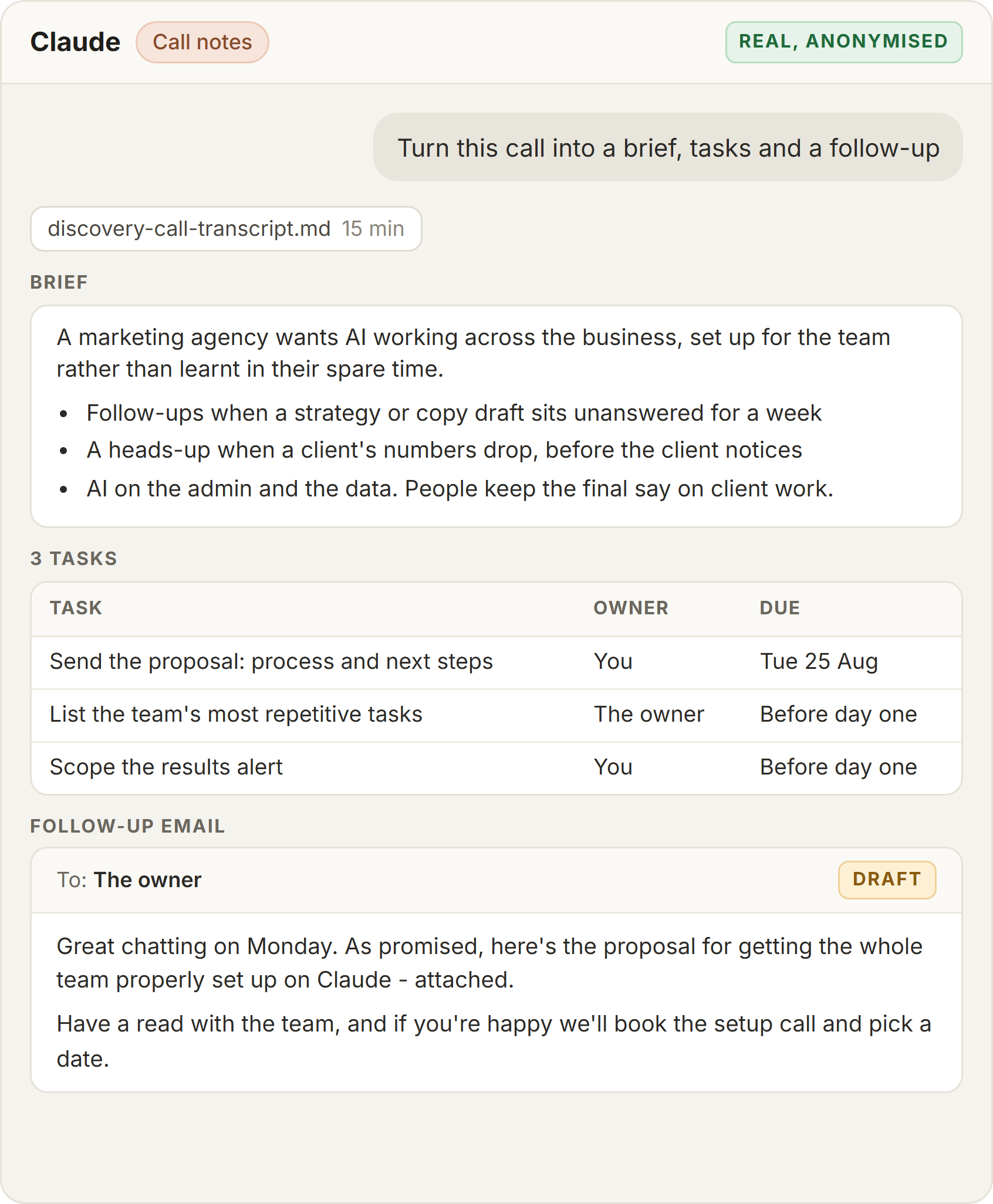 Claude turning a 15 minute discovery call transcript into a brief, three tasks with owners and due dates, and a draft follow-up email