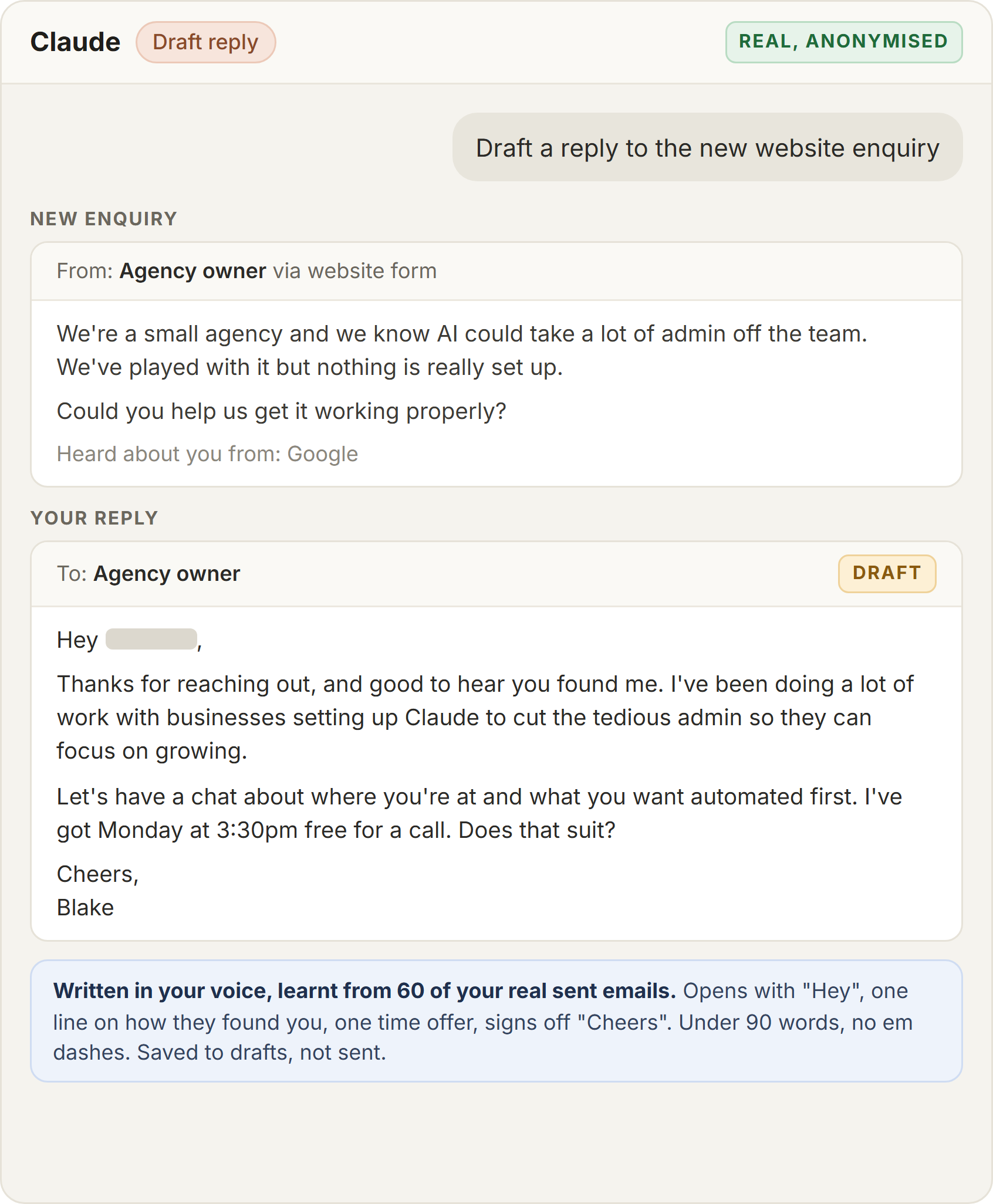A website enquiry from an agency owner and a draft reply written in Blake's voice, with a note that the voice was learnt from 60 real sent emails