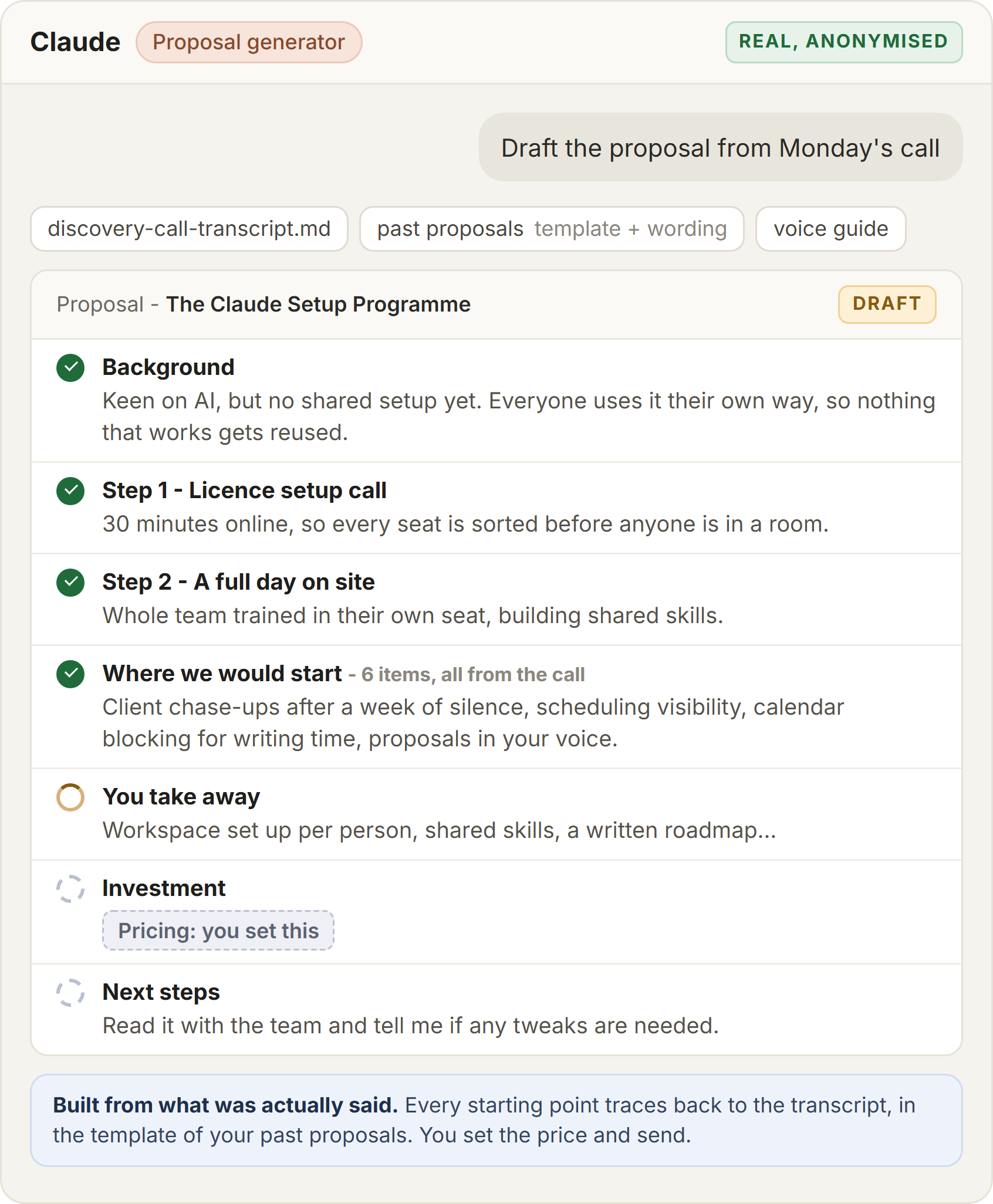 Claude drafting a proposal outline from a call transcript and past proposals, with the investment section left as a placeholder for pricing