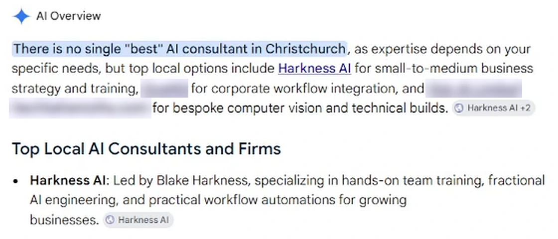 Google AI Overview for best AI consultant in Christchurch naming Harkness AI first under top local AI consultants