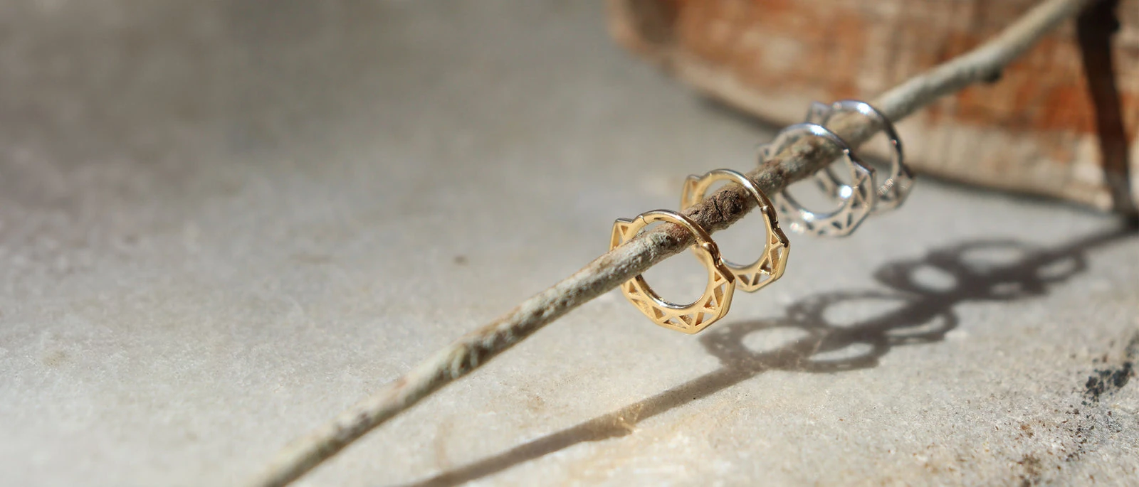 Gold and silver Little Taonga huggie earrings hung on a twig in sunlight