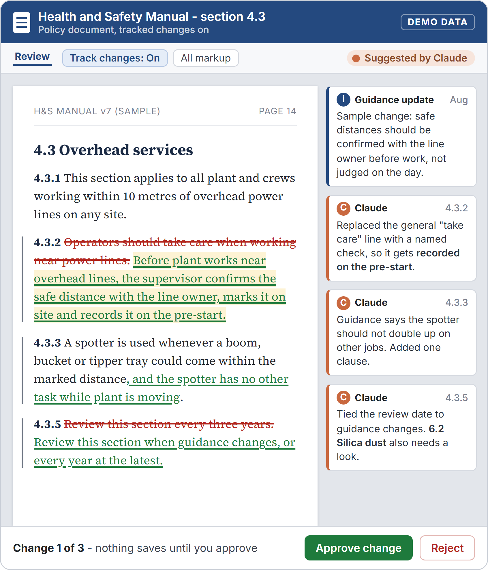 A made-up health and safety manual section with tracked changes suggested by Claude after a sample guidance update, with margin comments and an approve or reject bar