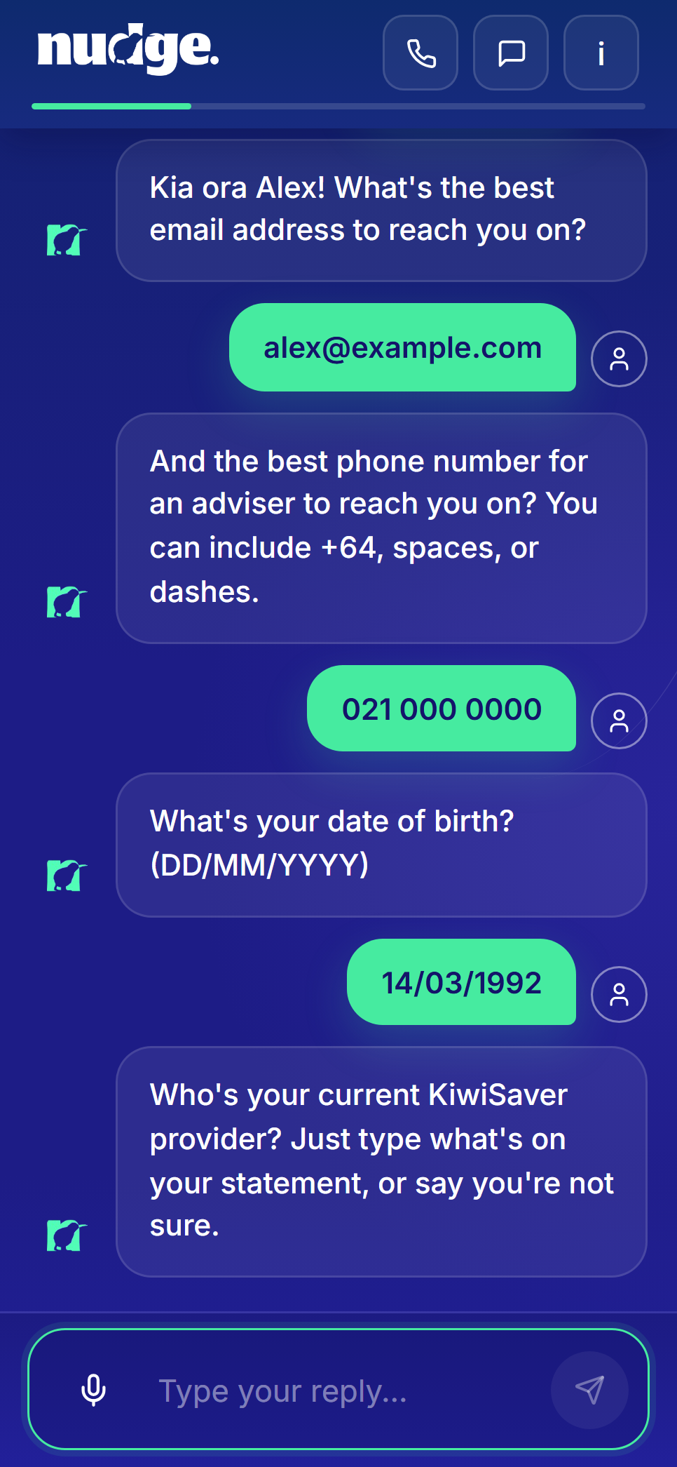 The Nudge AI assistant on a phone, asking for contact details as the first step of a KiwiSaver advice journey, answered by a demo user