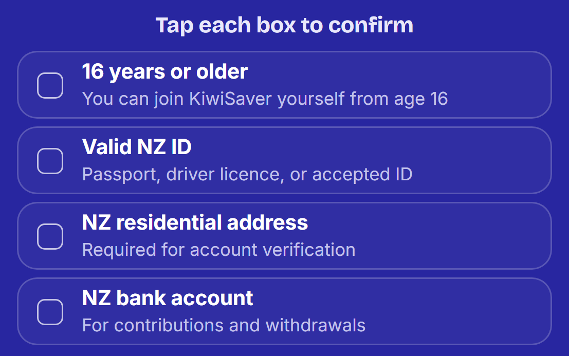 The Nudge eligibility check, tap to confirm: 16 or older, valid NZ ID, NZ residential address and NZ bank account